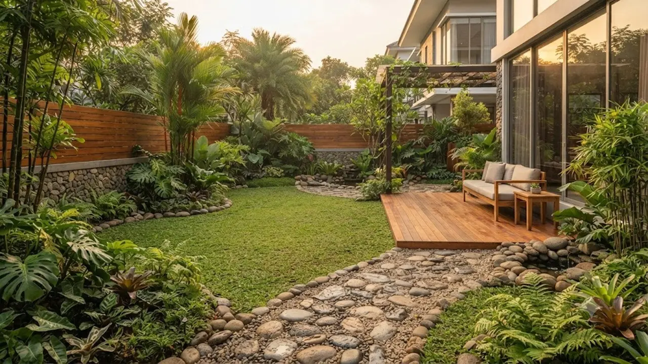 Inspirasi Taman dengan Unsur Kayu dan Batu Kali