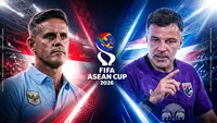 Ilustrasi pelatih Timnas Indonesia, John Herdman, dan pelatih Timnas Thailand, Anthony Hudson, jelang final FIFA ASEAN Cup 2026. (Bola.com/AI)