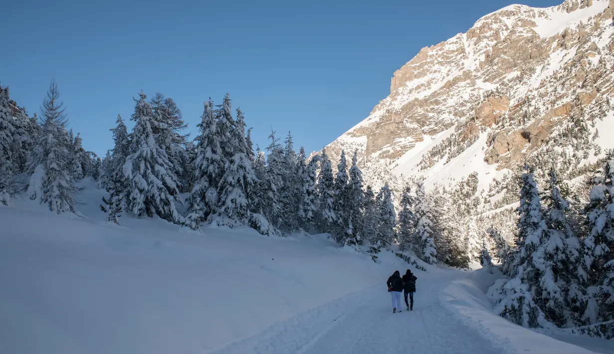 Imigran dari Pantai Gading berjalan melintasi dinginnya salju untuk menuju perbatasan antara Italia dan Prancis di Pegunungan Alpen, Italia (13/1). Mereka melitasi dinginnya salju Alpen dengan perbekalan seadanya. (AFP/Piero Cruciatti)