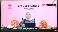 Menaker Ida Fauziyah saat menjadi pembicara dalam #Ngobrol Seru 'Jurnalis Perempuan Dobrak Bias dan Diskriminasi' di Jakarta (Istimewa)