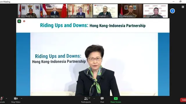 Chief Executive Hong Kong, Carrie Lam hadiri seminar virtual Riding Ups and Downs: Hong Kong-Indonesia Partnership, Selasa (18/8/2020). (Photo credit: Kementerian Luar Negeri RI / Kemlu.go.id)