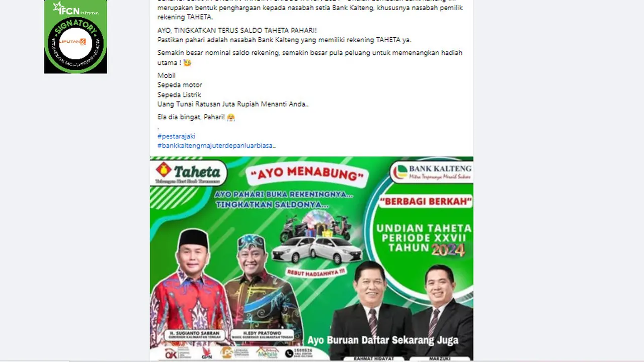 Tangkapan layar klaim Bank Kalteng membuka pendaftaran undian berhadiah