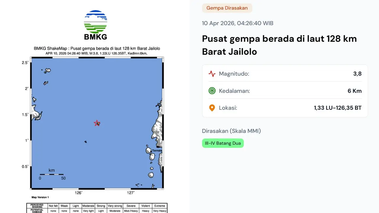 Gempa hari ini, Jumat (10/4/2026) pukul 04:26:40 WIB terjadi di wilayah Jailolo, Provinsi Maluku Utara (Malut).
