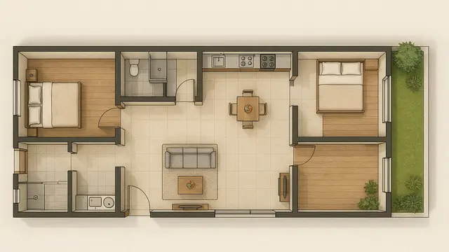 Rumah Sederhana 1 Lantai dengan 2 Kamar Tidur (Foto: Rizka Nur Laily via ChatGPT)