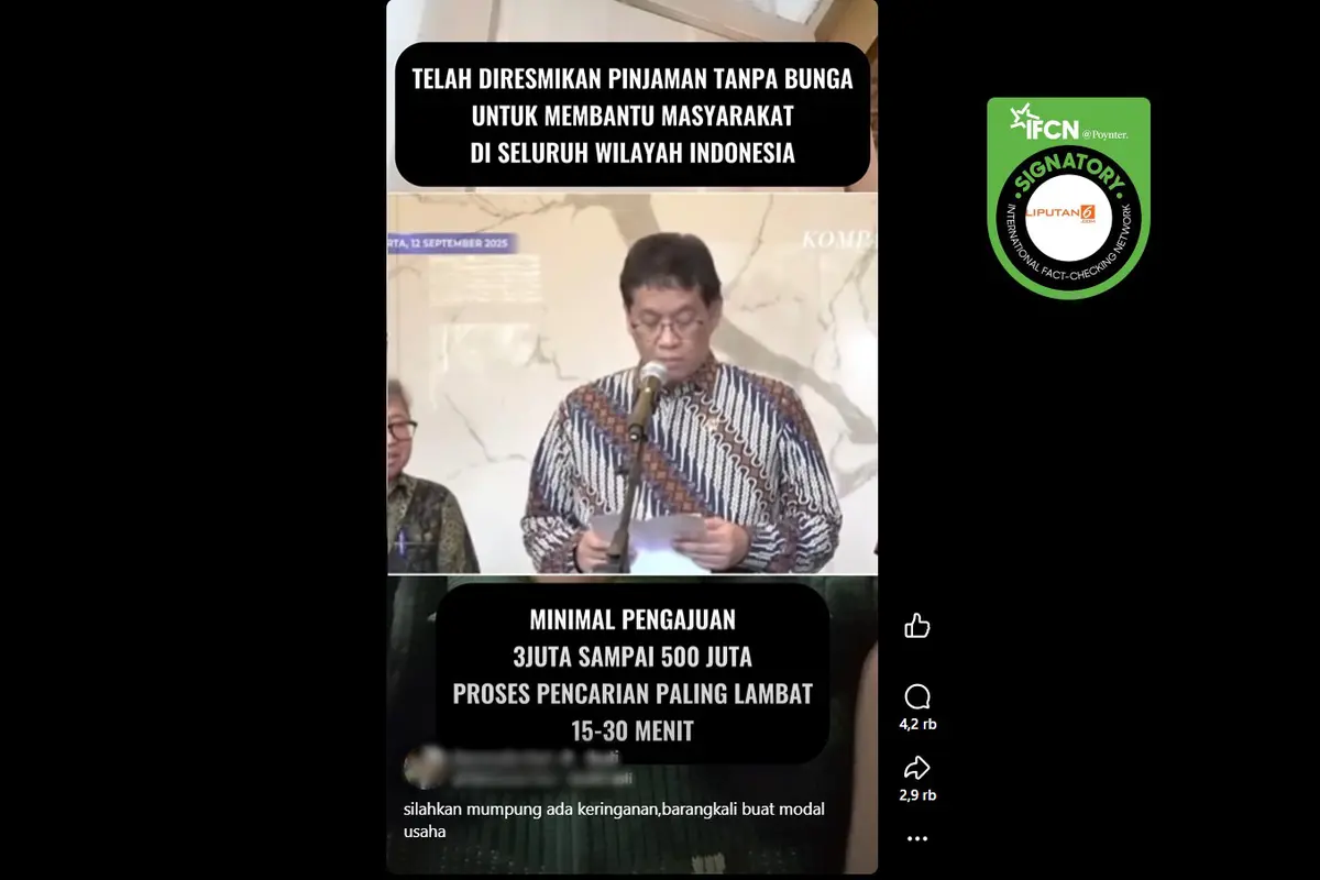 Tangkapan layar klaim video Menkeu Purbaya Yudhi Sadewa meresmikan pinjaman tanpa bunga yang beredar di Facebook.