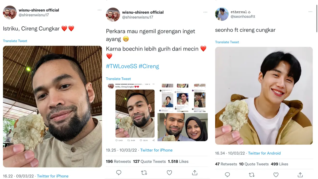 Cuitan Teuku Wisnu yang viral karena cireng. (Sumber: Twitter @shireenwisnu17, @seonhosofff).