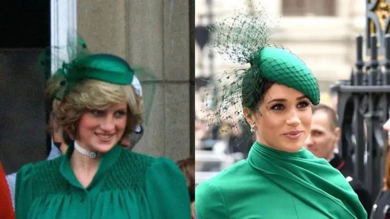 Meghan Markle dalam balutan busana berwarna hijau dalam acara Commonwealth Day Service pada Maret tahun 2020, mirip dengan Putri Diana pada tahun 1982. (Instagram/@holausa)