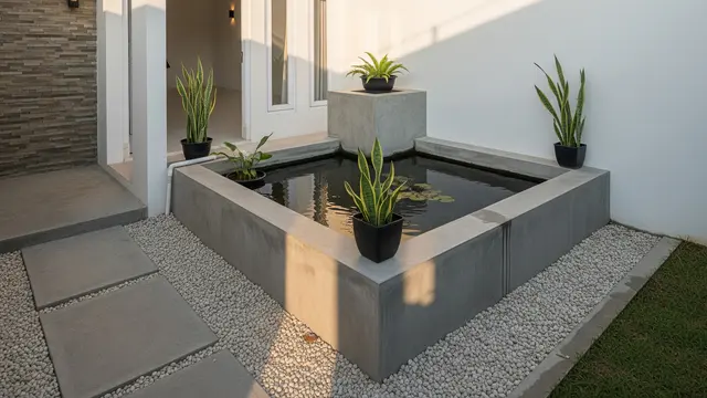 Kolam Sudut dengan Material Beton Ekspos dan Garis Tegas