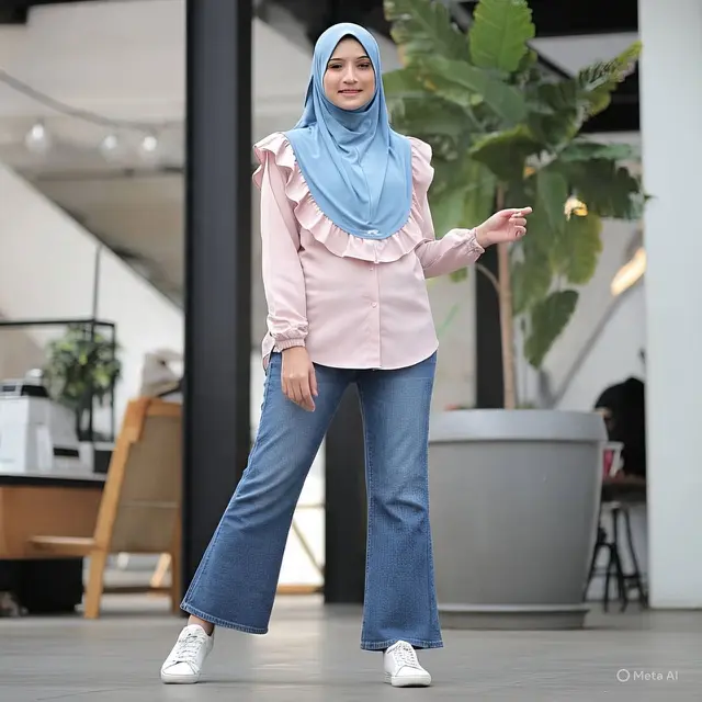 Outfit Cewek Pendek Hijab dengan Kemeja Ruffle dan Kulot Jeans