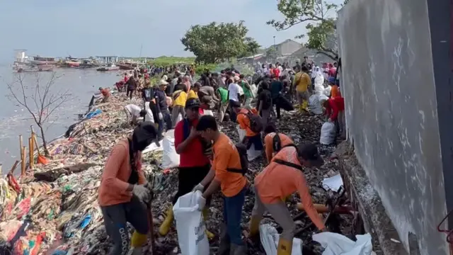 Aksi bersih-bersih sampah di sebuah pantai di Pandeglang Banten