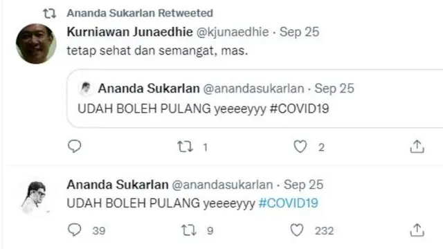 Ananda Sukarlan Sudah Sembuh dari Covid-19 dan diperbolehkan pulang