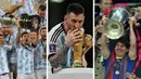 Foto kolase Lionel Messi saat meraih gelar juara Coppa America, Piala Dunia 2022 dan Liga Champions. Lahir dan dibesarkan di Argentina, Messi pindah ke Spanyol untuk bergabung dengan Barcelona pada usia 13 tahun, di mana ia melakukan debut kompetitifnya pada usia 17 tahun pada Oktober 2004.  (AFP Photo)