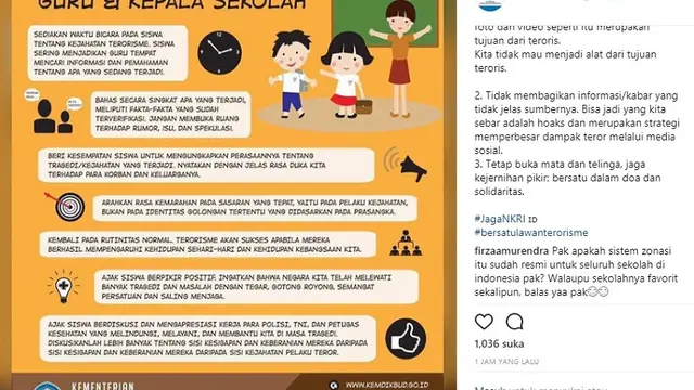 Kemdikbud RI unggah panduan bagi guru terkait bom Surabaya (Foto: Instagram/@kemdikbud.ri)