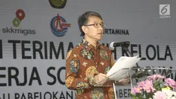 Presiden CNOOC Cui Hanyun memberikan sambutan saat serah terima alih kelola WK SES di Pulau Pebelokan, Kepulauan Seribu, Rabu (5/9). PT Pertamina resmi menjadi operator wilayah kerja (WK) Migas Southeast Sumatra (SES). (Liputan6.com/Herman Zakharia)