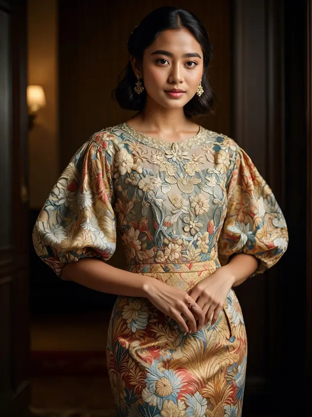 Batik Kombinasi Brokat Lengan Puff Kekinian