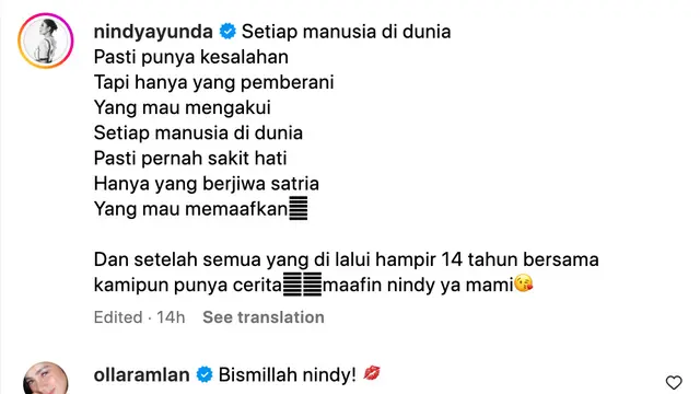 Unggahan Nindy Ayunda. (Foto: Dok. Instagram @nindyayunda)