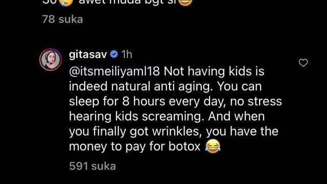 Cuitan Gita Savitri soal awet muda dengan memilih tak punya anak alias childfree. (Foto: Dok. Instagram @gitasav)