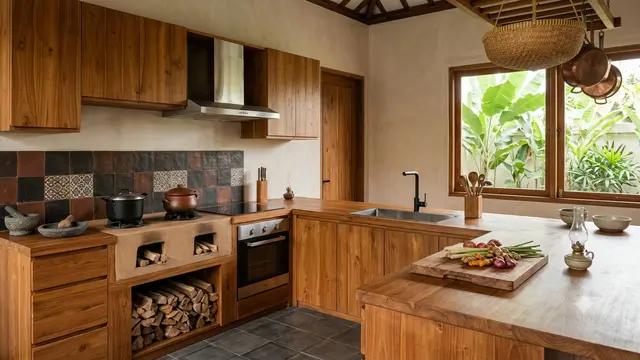 Ide Dapur Tema Pawon Jawa, Tampil Modern Minimalis Ala Tradisional Model Sentuhan Kayu Jati Minimalis