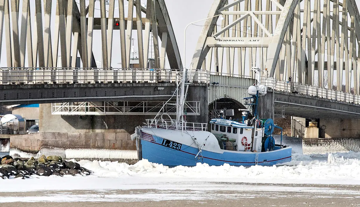 Kapal nelayan yang menabrak Jembatan Anggersudn di perairan dingin di Limfjord di bagian utara Jutland di Denmark (28/2). (AFP Photo/Scanpic Denmark/Henning Bagger)