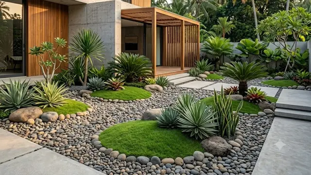 Taman Kering Tropis dengan Aksen Batu Kali