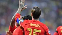 Sergio Ramos kini masuk dalam jajaran pencetak gol terbanyak sepanjang masa Timnas Spanyol. (AFP/Daniel Mihailescu)