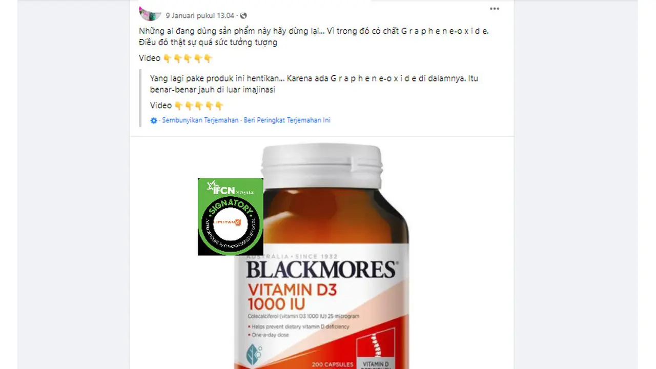 Cek Fakta Liputan6.com menelusuri klaim vitamin D3 Blackmores mengandung graphene oxide