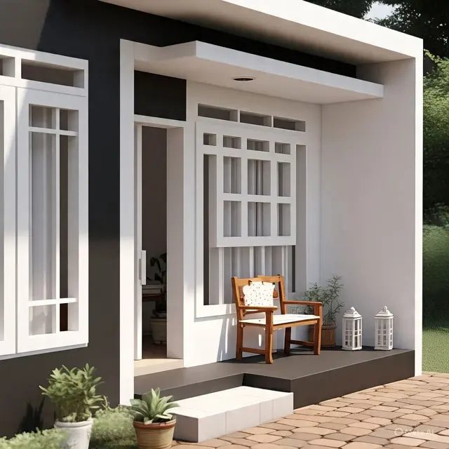 Model Teras Depan Rumah Subsidi Kombinasi Hitam dan Putih