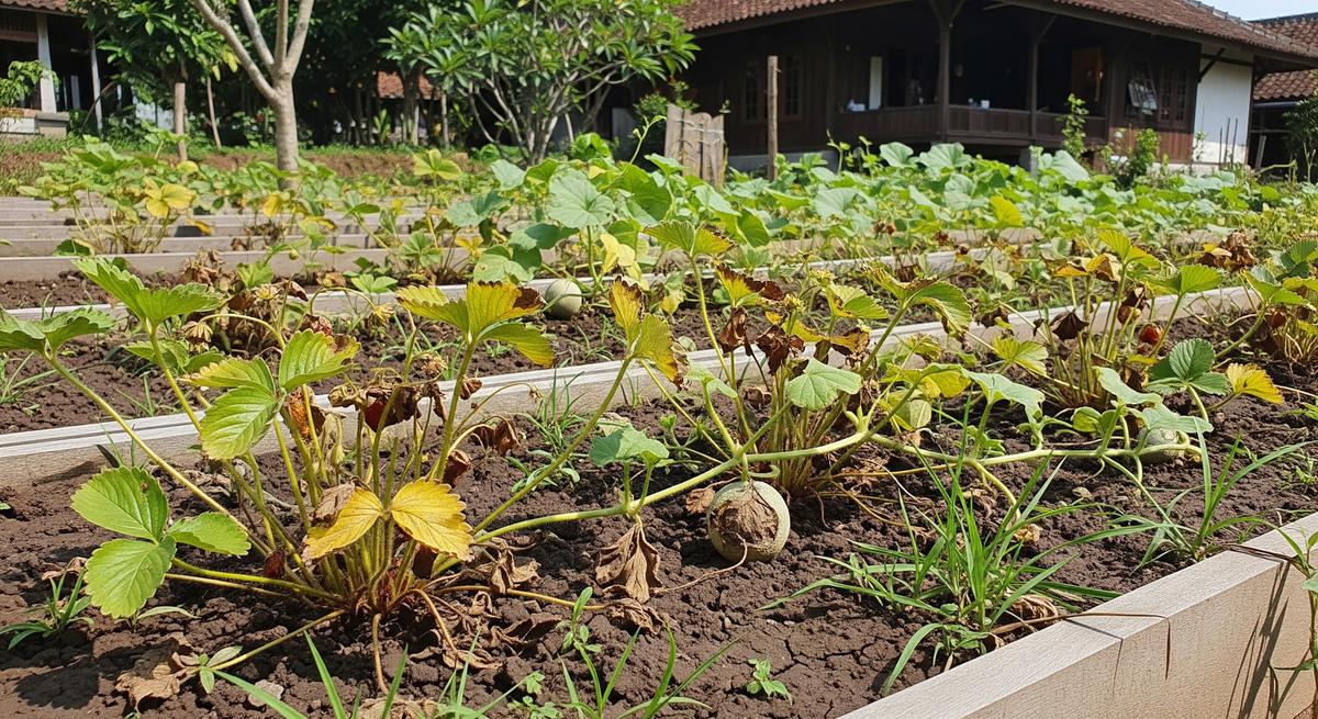 Tanaman buah melon mini yang mati karena tumbuhan liar