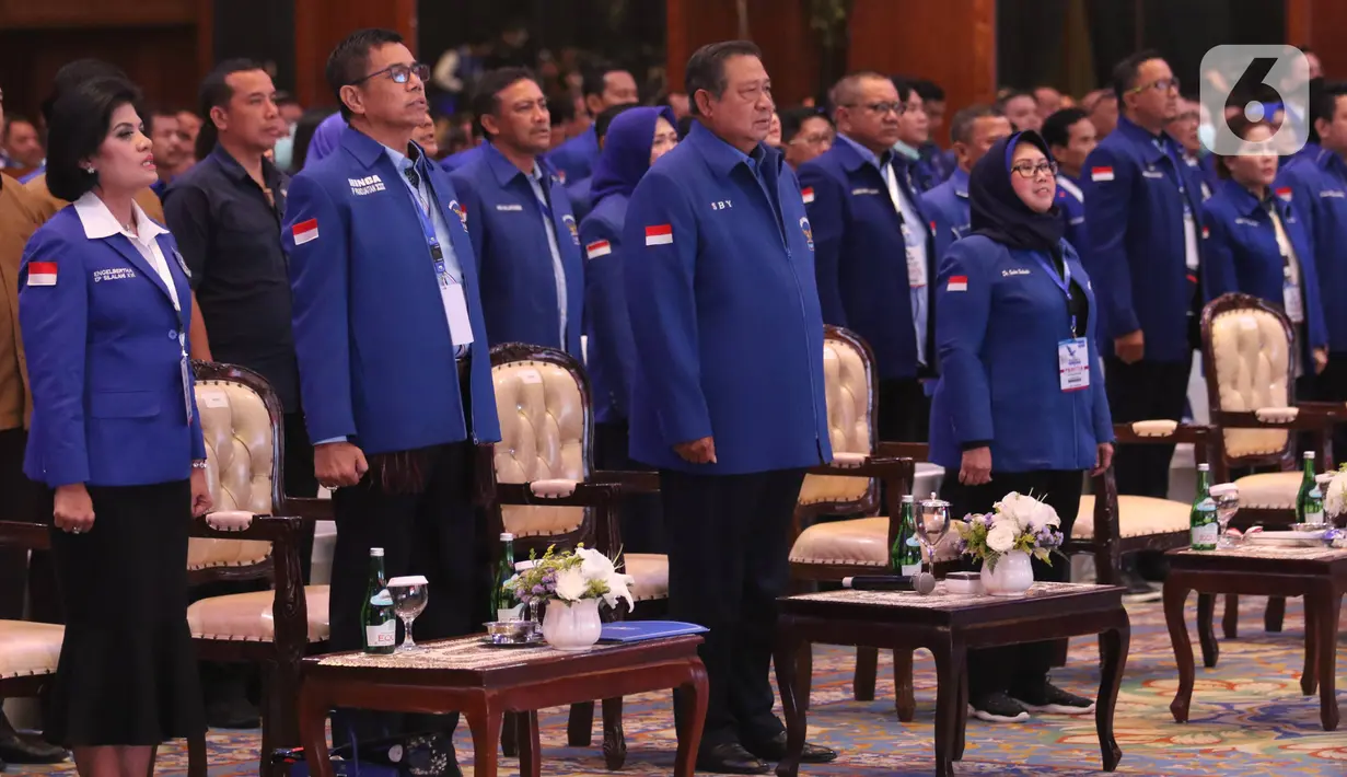 Ketum Partai Demokrat Susilo Bambang Yudhoyono menghadiri Kongres ke V Partai Demokrat di JCC, Jakarta, Minggu (15/3/2020). SBY akan digantikan Agus Harimurti Yudhoyono (AHY) yang telah mendapatkan dukungan 93 persen dari pemegang hak suara Demokrat. (Liputan6.com/Angga Yuniar)