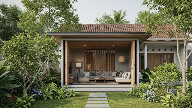 Inspirasi Pendopo Mini untuk Rumah Pedesaan Gaya Minimalis Modern Model Menghadap Taman
