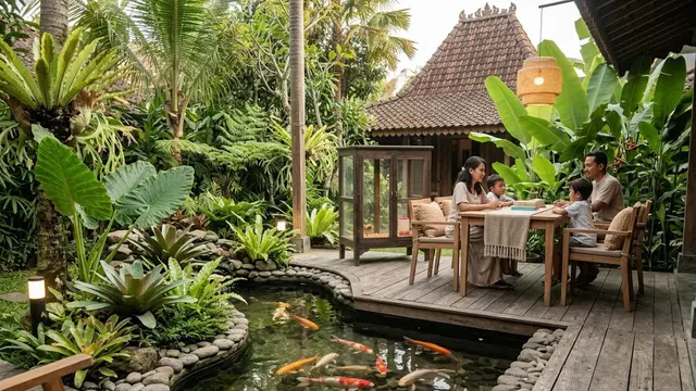 Kolam Dangkal dengan Deck Kayu dan Batu Alam