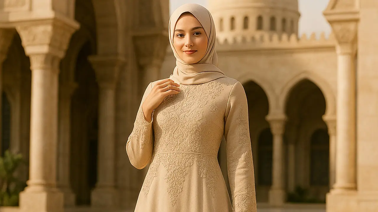 Model Gamis Syari A-Line Kombinasi Brokat Modern