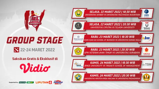 Link Live Streaming IEL University Season 4 Dota 2 Group Stage Pekan Ketujuh di Vidio, 22-24 Maret 2022