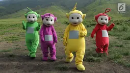 Warga berkostum teletubbies berjalan menghibur wisatawan di Bukit Teletubies kawasan Taman Nasional Bromo Tengger Semeru (TNBTS), Jawa Timur, Selasa (26/3). Dalam sehari masing-masing mendapatkan rata-rata Rp 50 ribu dengan foto bersama wisatawan. (merdeka.com/Arie Basuki)