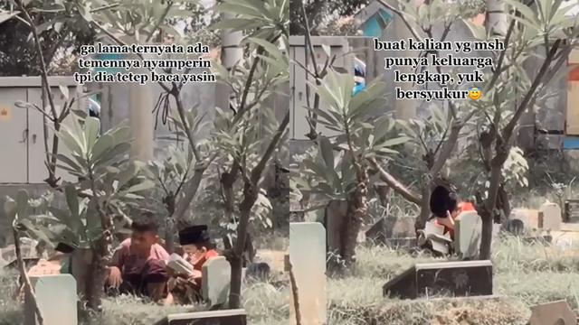 Potret seorang anak baca surat Yasin saat jalani ziarah kubur jelang Ramadan.