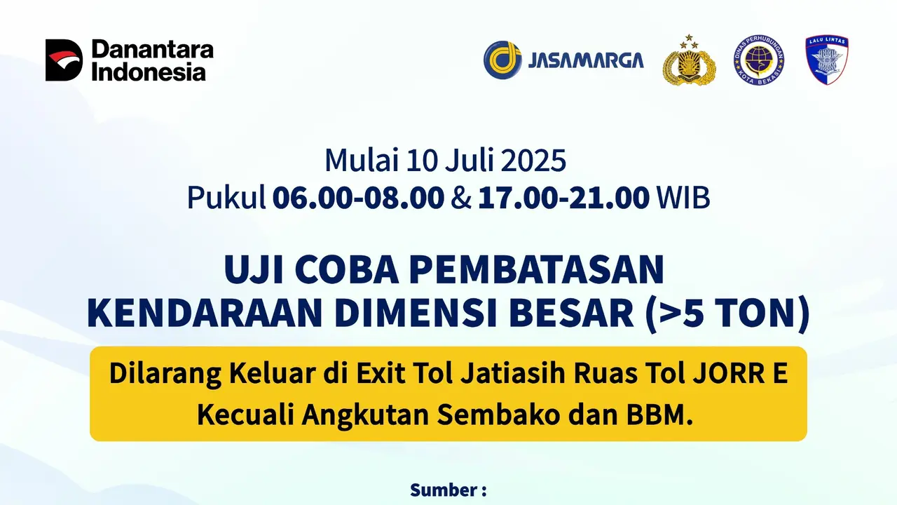 Mulai Kamis, 10 Juli 2025, Dinas Perhubungan Kota Bekasi akan menerapkan uji coba pembatasan kendaraan bertonase besar (lebih dari 5 ton). (Foto: Jasa Marga)