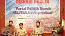 Suasana diskusi publik bertajuk “Partai Politik Buruh, Melawan Arus Deparpolisasi” di Jakarta, Kamis (28/4). Diskusi tersebut membahas wacana berdirinya partai politik sebagai alat politik perjuangan buruh. (Liputan6.com/Immanuel Antonius)