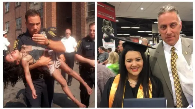 Kiri : Josibel Aponte digendong Peter Getz menuju rumah sakit setelah kebakaran. Kanan : Josibel Aponte dan Peter Getz berpose setelah wisuda. Foto : Koleksi pribadi Peter Getz