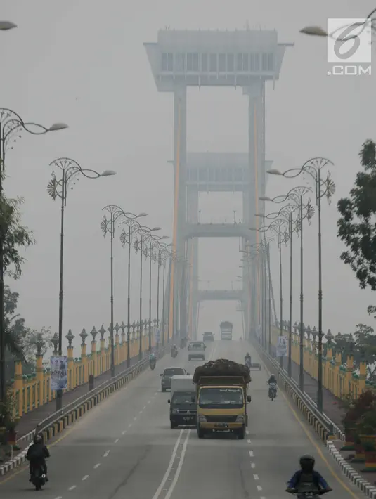 Sejumlah kendaraan melintas di atas jembatan yang diselimuti kabut asap di Kota Pekanbaru, Riau, Selasa (10/9/2019). Kabut asap akibat kebakaran hutan dan lahan (karhutla) tersebut menurunkan jarak pandang dan kualitas udara turun ke status tidak sehat. (Liputan6.com/Faizal Fanani)