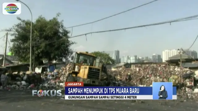 Sampah di TPS Muara Baru menggunung 4 meter lantaran proses pengangkutan sampah di TPST Bantar Gebang terhambat.