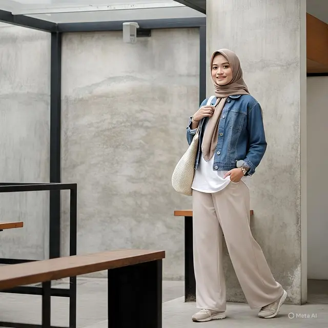 Jaket Denim dengan Palazzo Pants