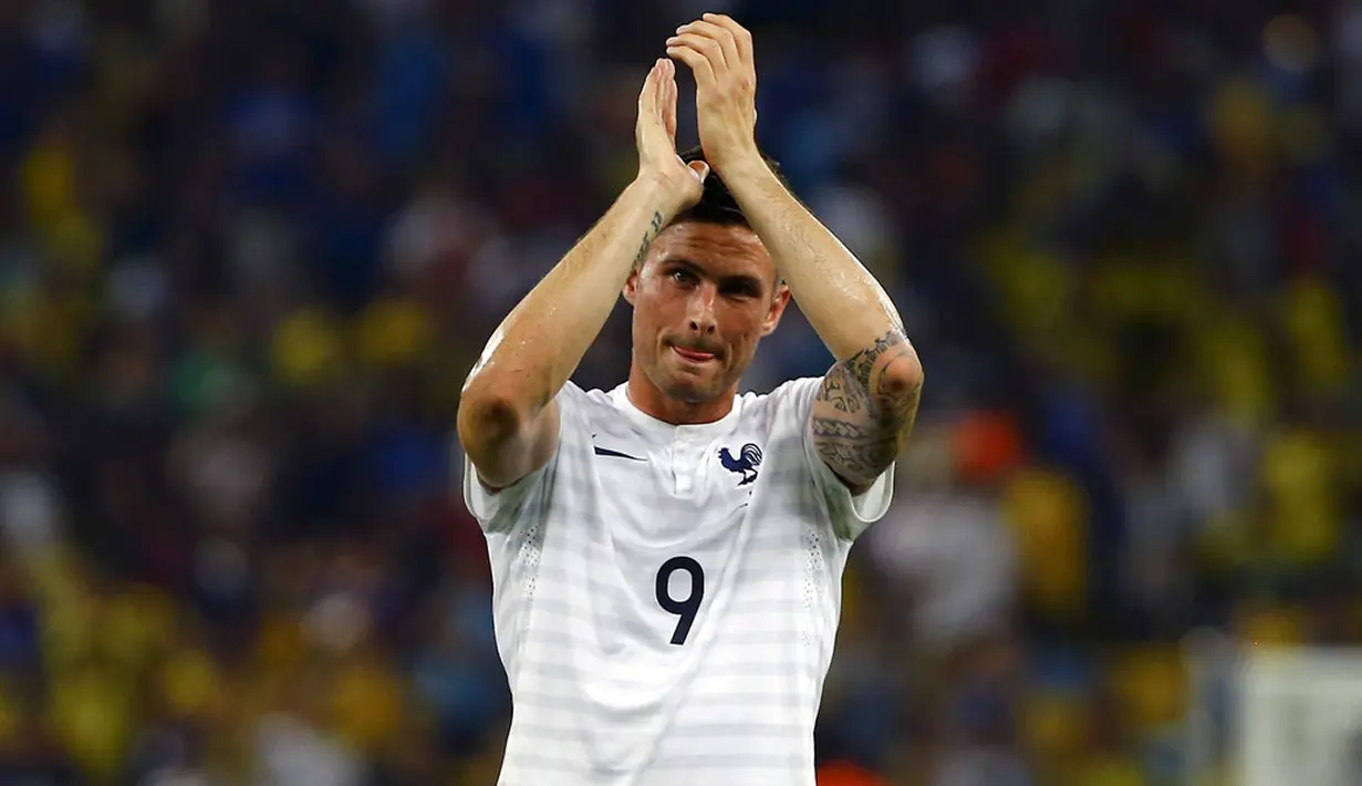 Ekspresi pemain depan Perancis, Olivier Giroud, saat ditahan imbang Ekuador 0-0 di Stadion Maracana, Rio de Janeiro, (26/6/2014). (REUTERS/Pilar Olivares)