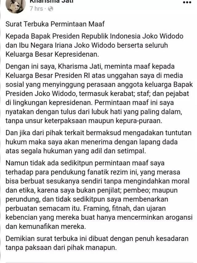 Surat terbuka untuk Iriana Jokowi. (Foto: Dok. Medsos Kharisma Jati)