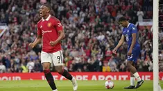 Pemain Manchester United Anthony Martial melakukan selebrasi usai mencetak gol ke gawang Chelsea pada pertandingan sepak bola Liga Inggris di Stadion Old Trafford, Manchester, Inggris, Kamis (25/5/2023). (AP Photo/ Dave Thompson)