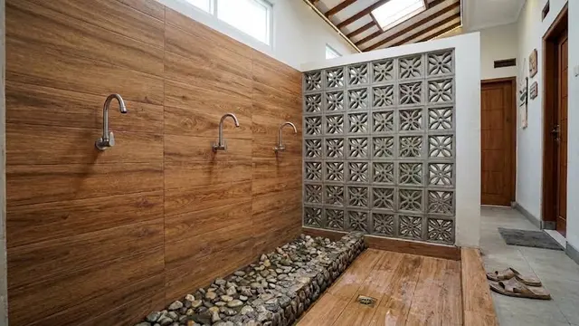 Model Tempat Wudhu dengan Keramik Motif Kayu/AI Generated