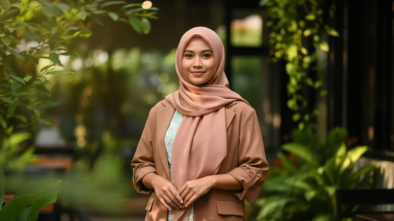 Gamis Motif Bunga Soft dengan Blazer Tipis