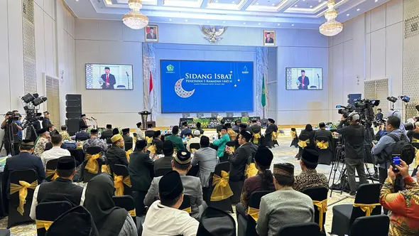<p>Kementerian Agama (Kemenag) memulai rangkaian Sidang Isbat Penetapan Awal Ramadan 1445 H pada hari ini, MInggu (10/3/2024). Acara dimulai dengan agenda seminar posisi hilal. (Liputan6.com/Nanda Perdana Putra)</p>
