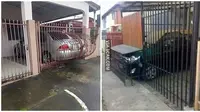 Pagar Rumah Nyeleneh demi Mobil Bisa Masuk Ini Kocak. (Sumber: Instagram/kementrian_humor_indonesia dan 1cak.com)