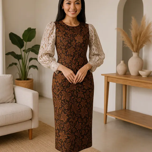 15 Model Dress Batik Kombinasi Brokat Lengan Panjang, Anggun dan Modern untuk Berbagai Acara