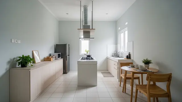 Dapur Terbuka Minimalis Anti Cipratan Minyak yang Dinding Terjaga Kebersihannya Model Kompor di Tengah Area